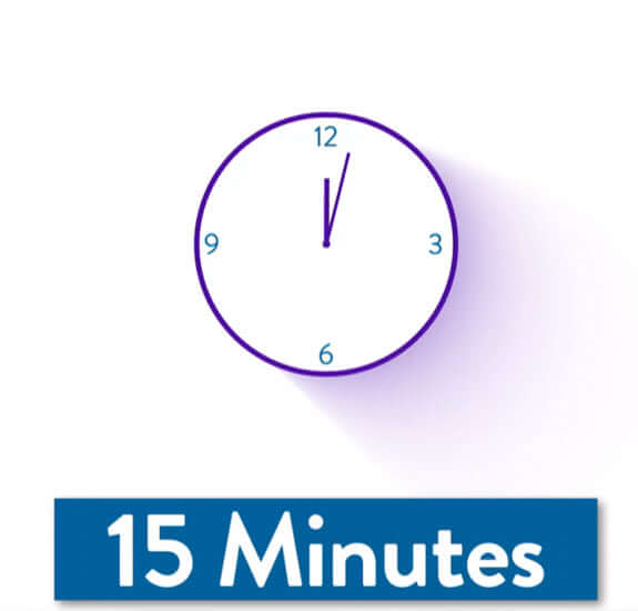 Illustration of a clock showing 15 minutes with a blue label indicating '15 Minutes'.