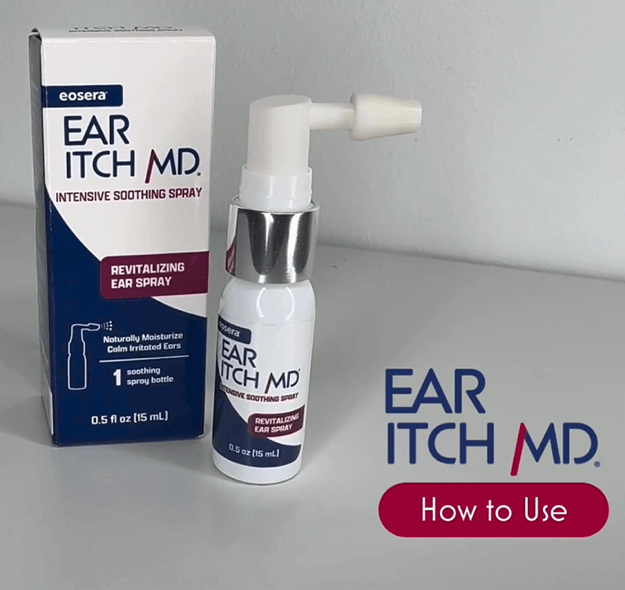 Ear Itch MD soothing spray for irritated ears, featuring a spray bottle and packaging with usage instructions.