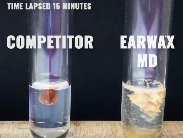eosera ear wax md dissolves ear wax while the leading competitor Debrox in clinical study.