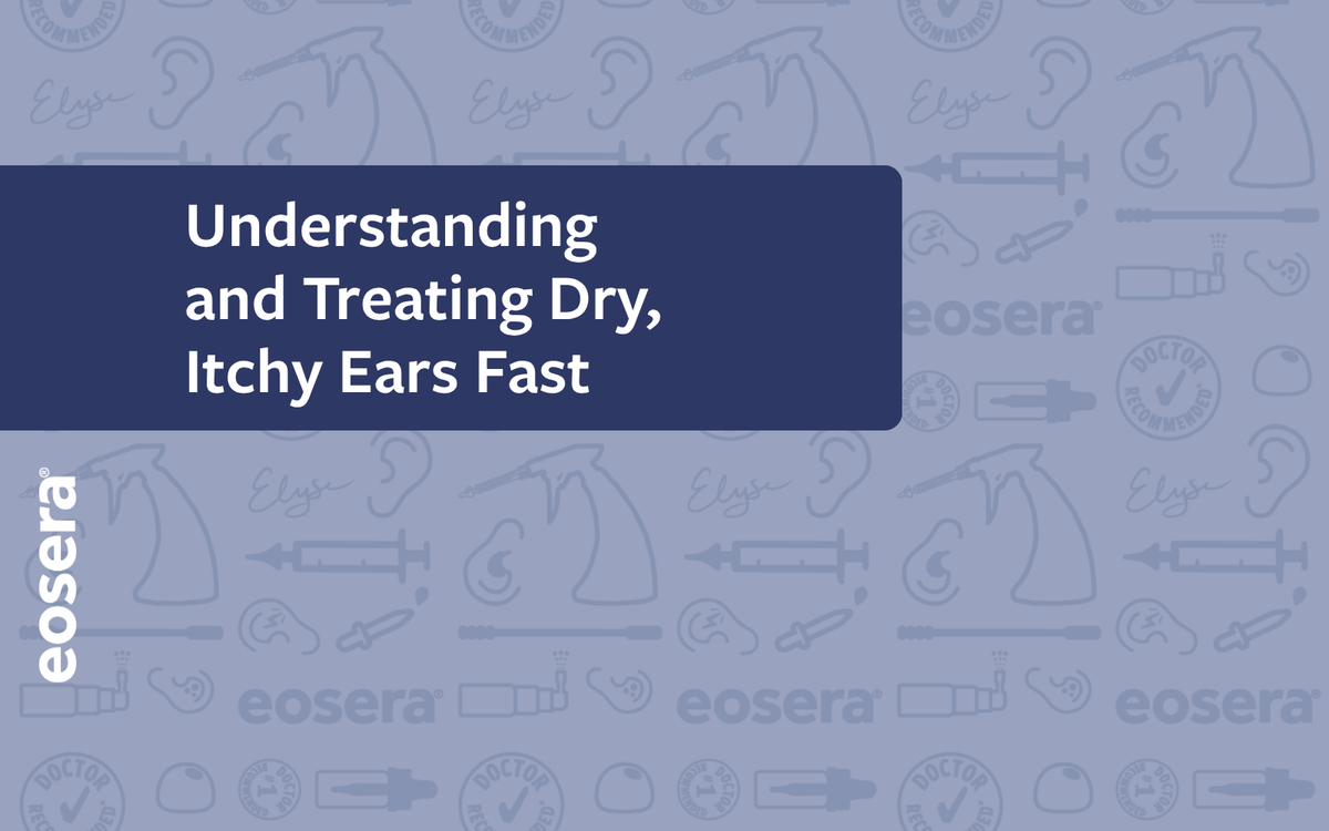 A blue background with icons and text that says: Understanding and treating dry, itchy ears fast