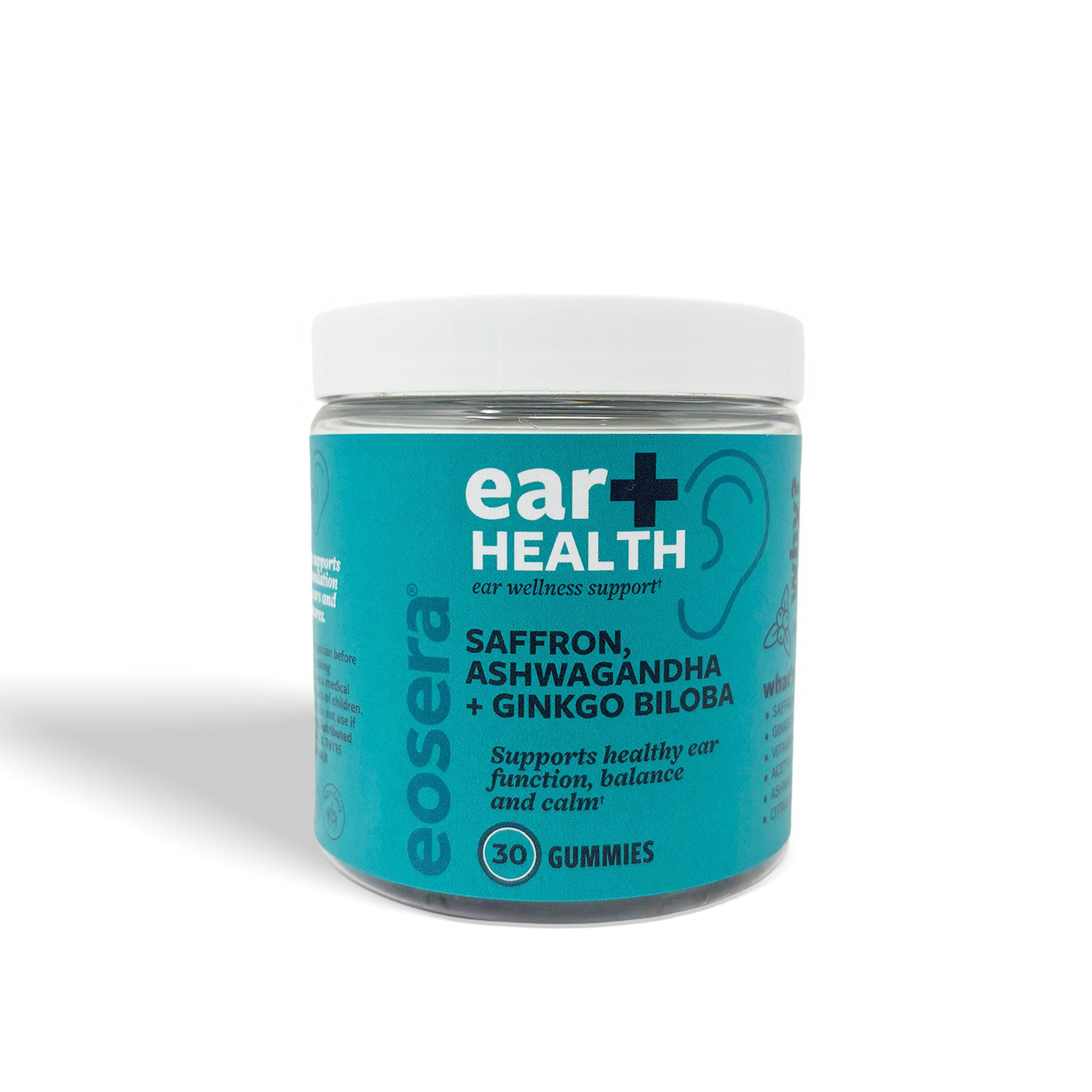 Jar of eosera ear health gummies on a white background