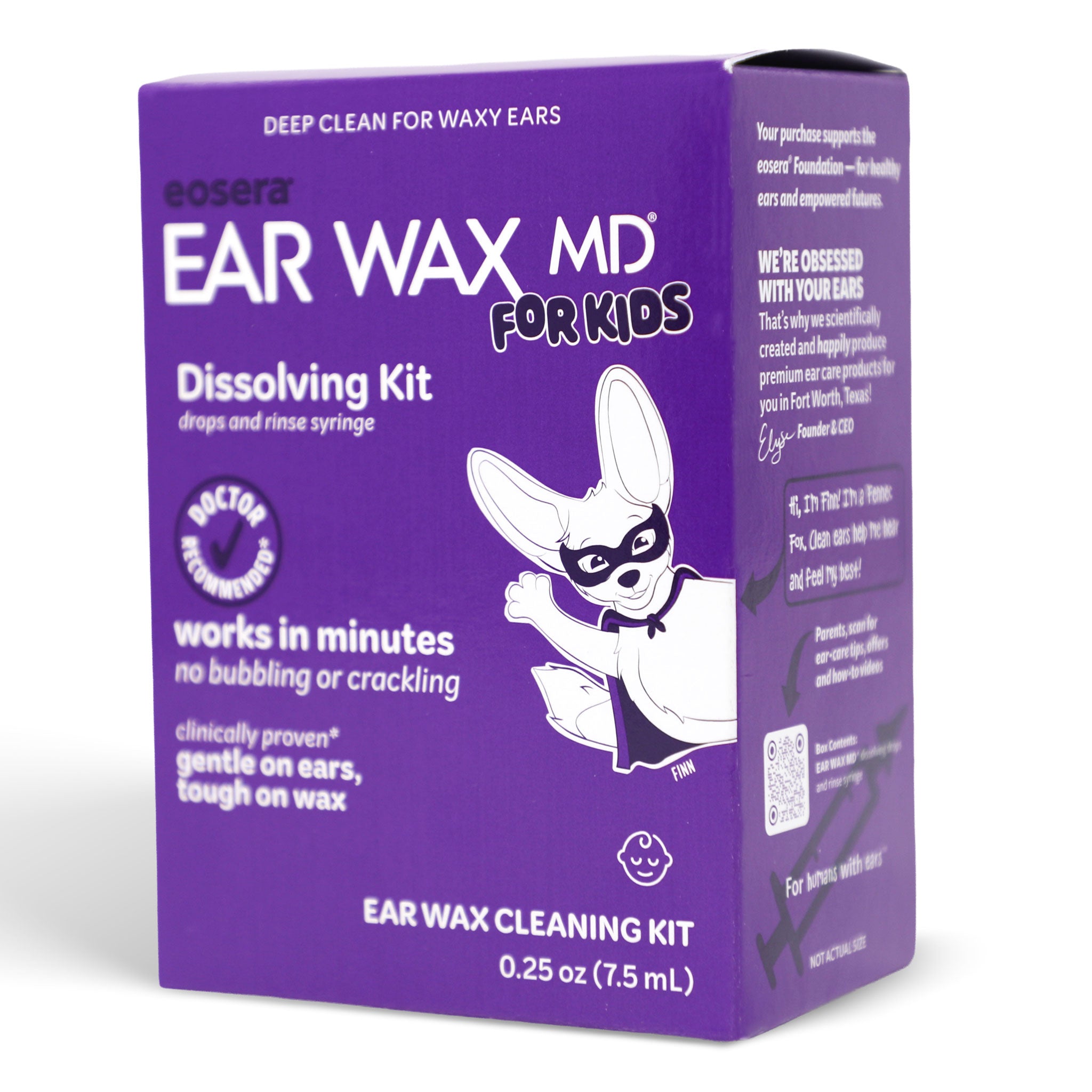 Purple packaging of Ear Wax MD for Kids ear wax cleaning kit on a white background; 7.5 mL
