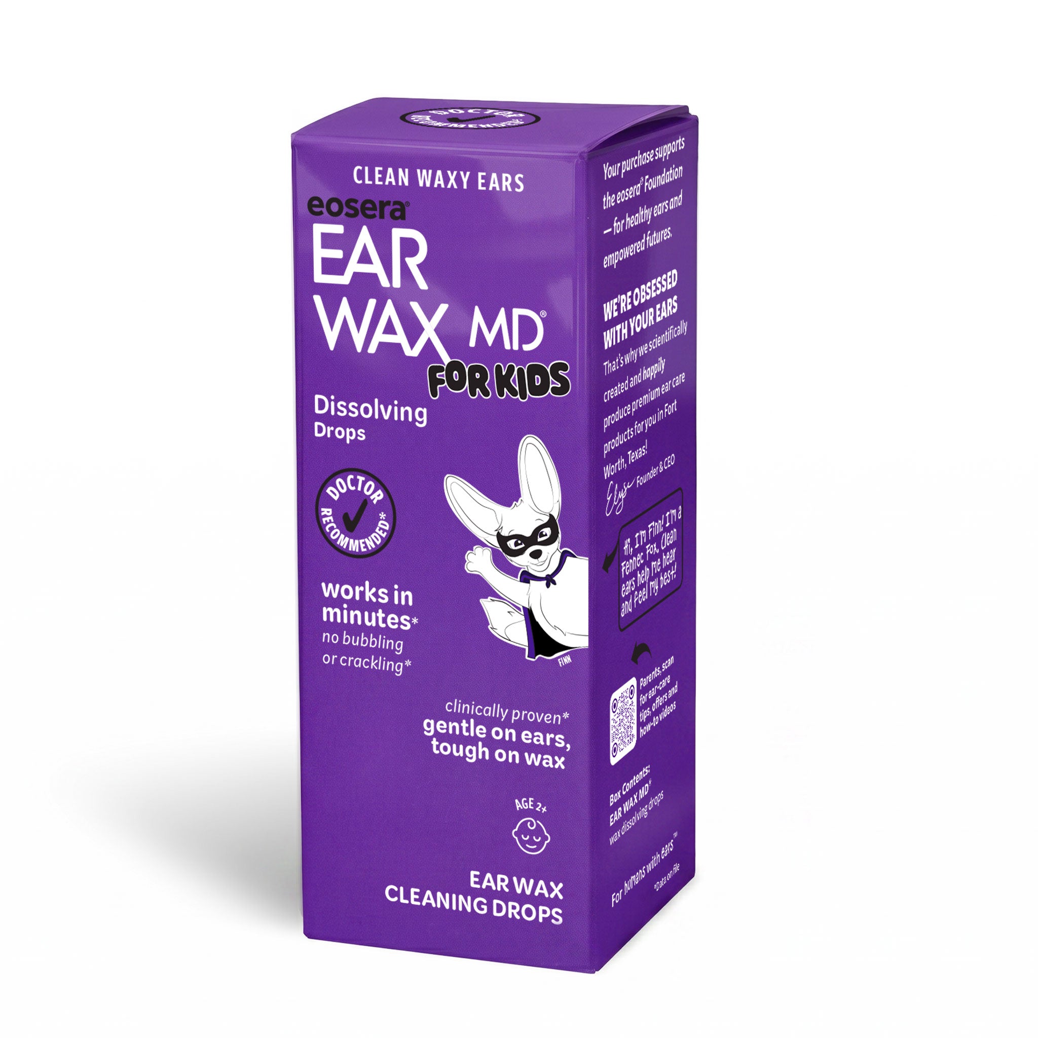 Purple box of ear wax MD for kids on a white background