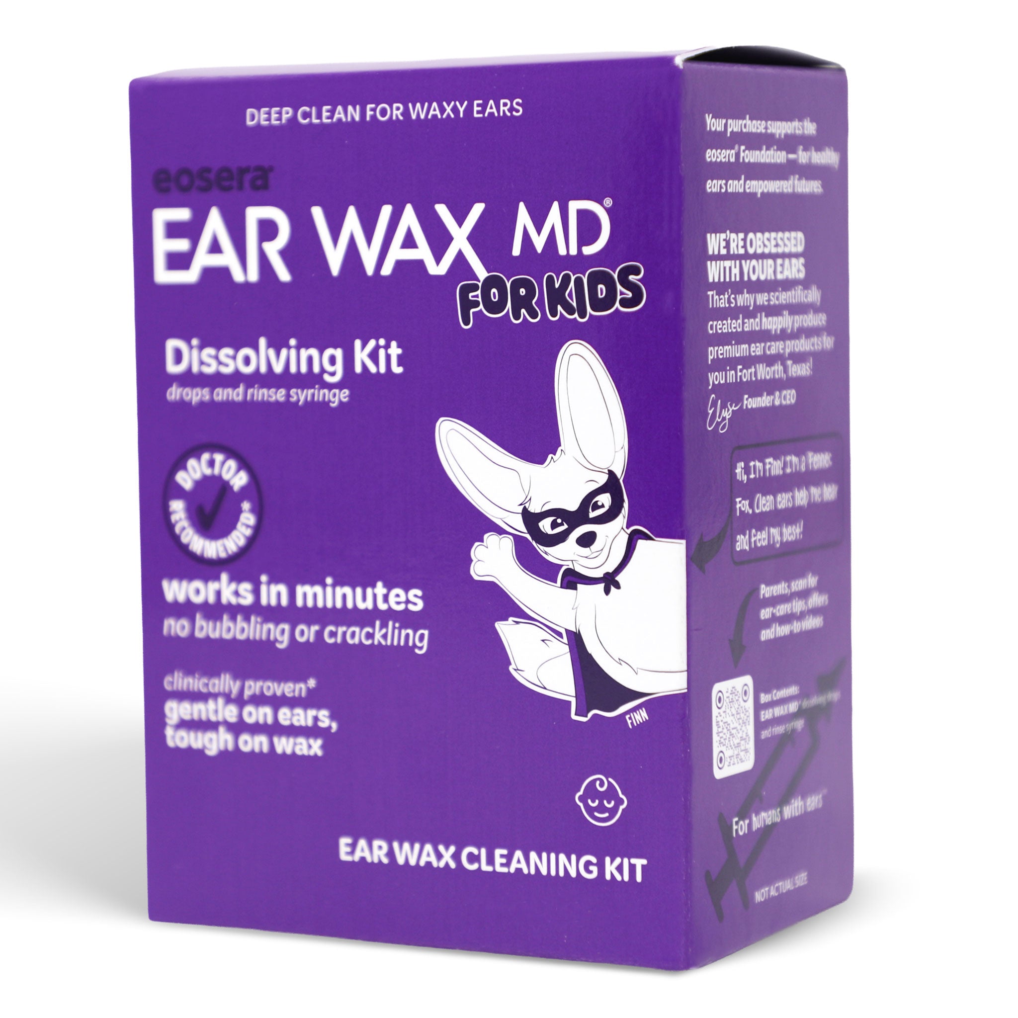 Purple packaging of Ear Wax MD for Kids ear wax cleaning kit on a white background; 15 mL