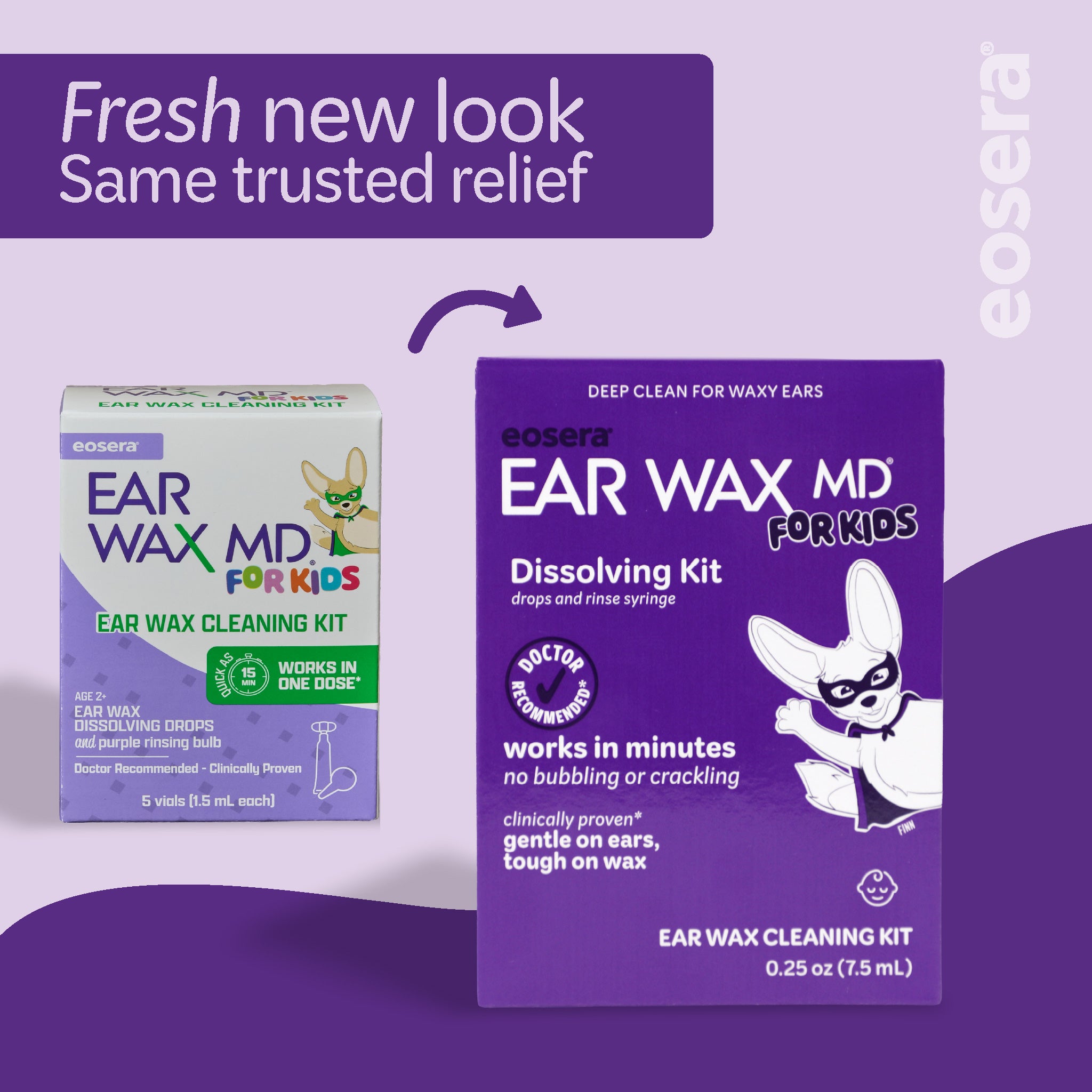 Eosera Ear Wax MD for Kids packaging on a purple background, fresh new look, same trusted relief; 15 mL