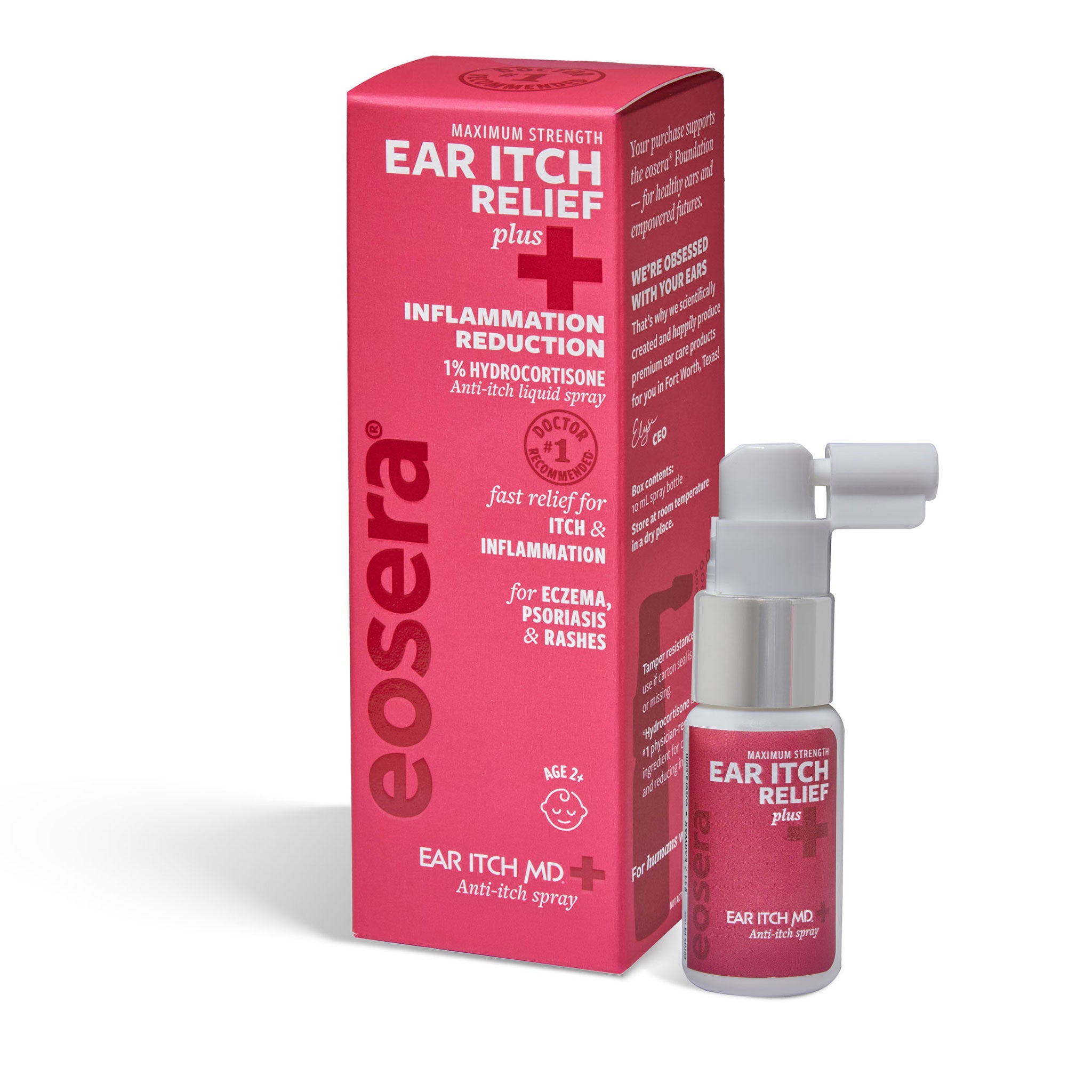 Eosera ear itch relief spray and packaging on a white background