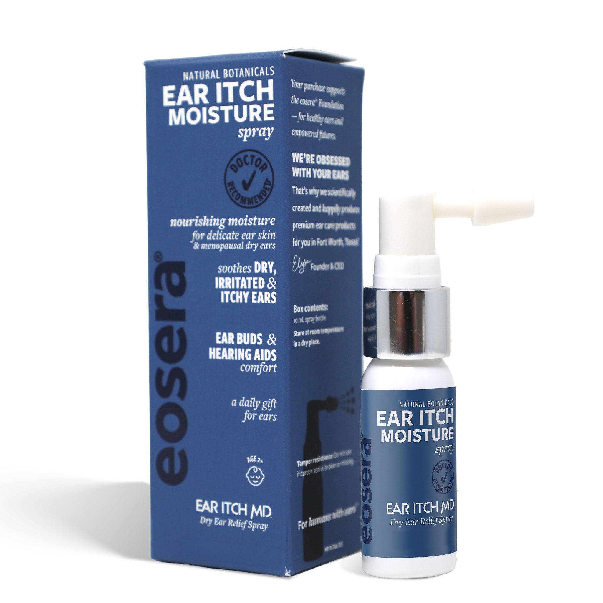 Eosera ear itch moisture spray bottle and packaging on a white background; 10 mL
