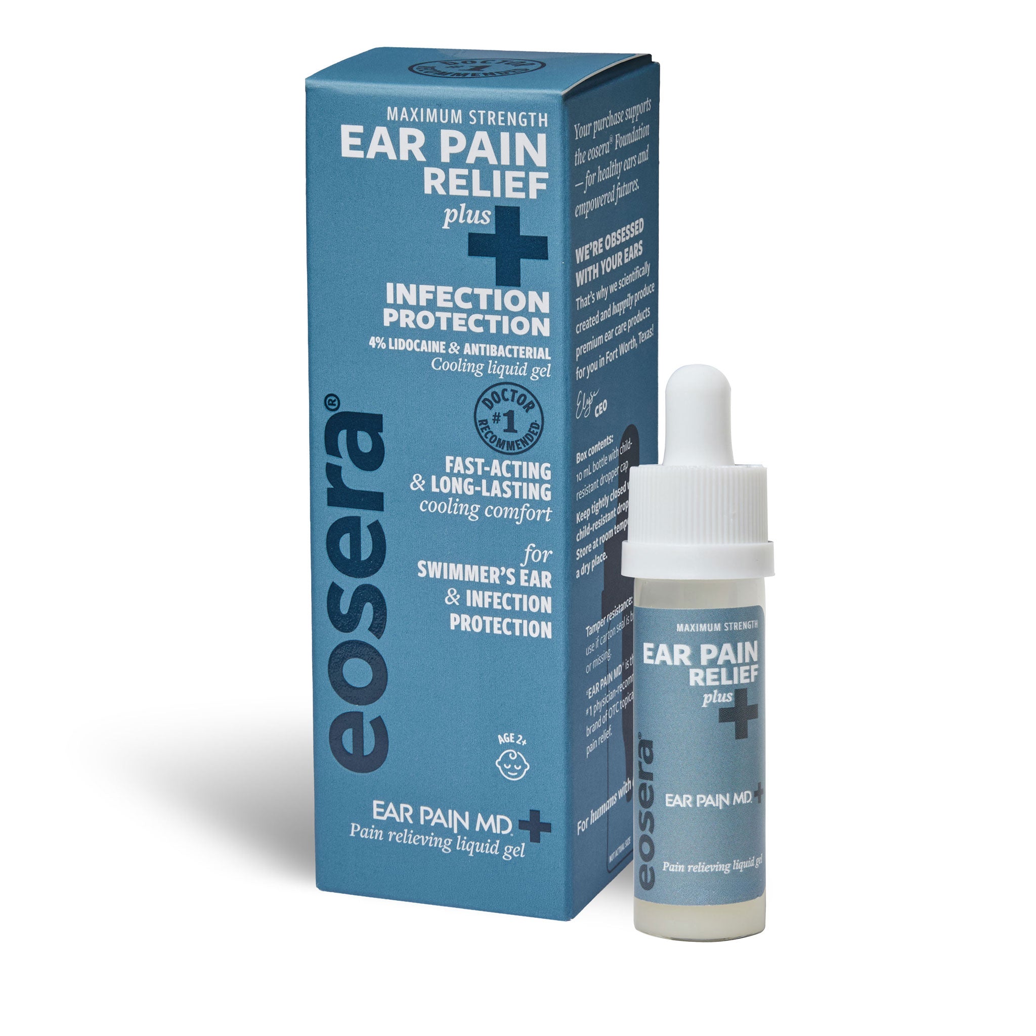 Eosera ear pain relief product with packaging on a white background