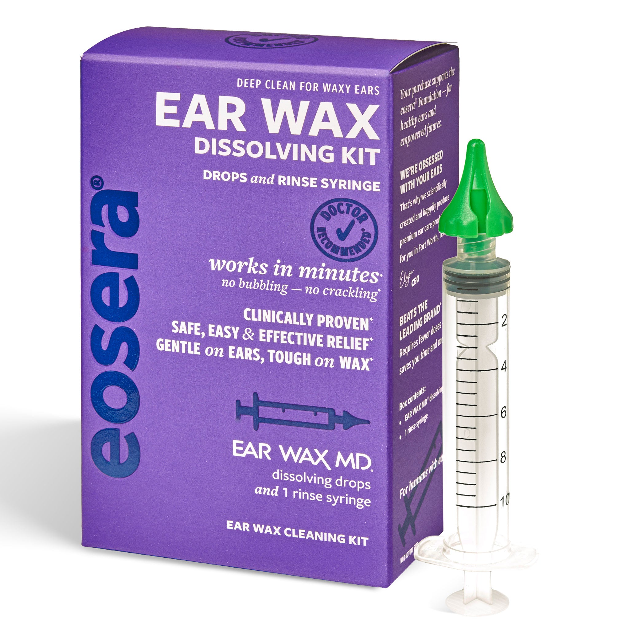 Eosera Ear Wax Dissolving Kit with a purple box and a clear syringe with a green rubber top, shown on a white background.