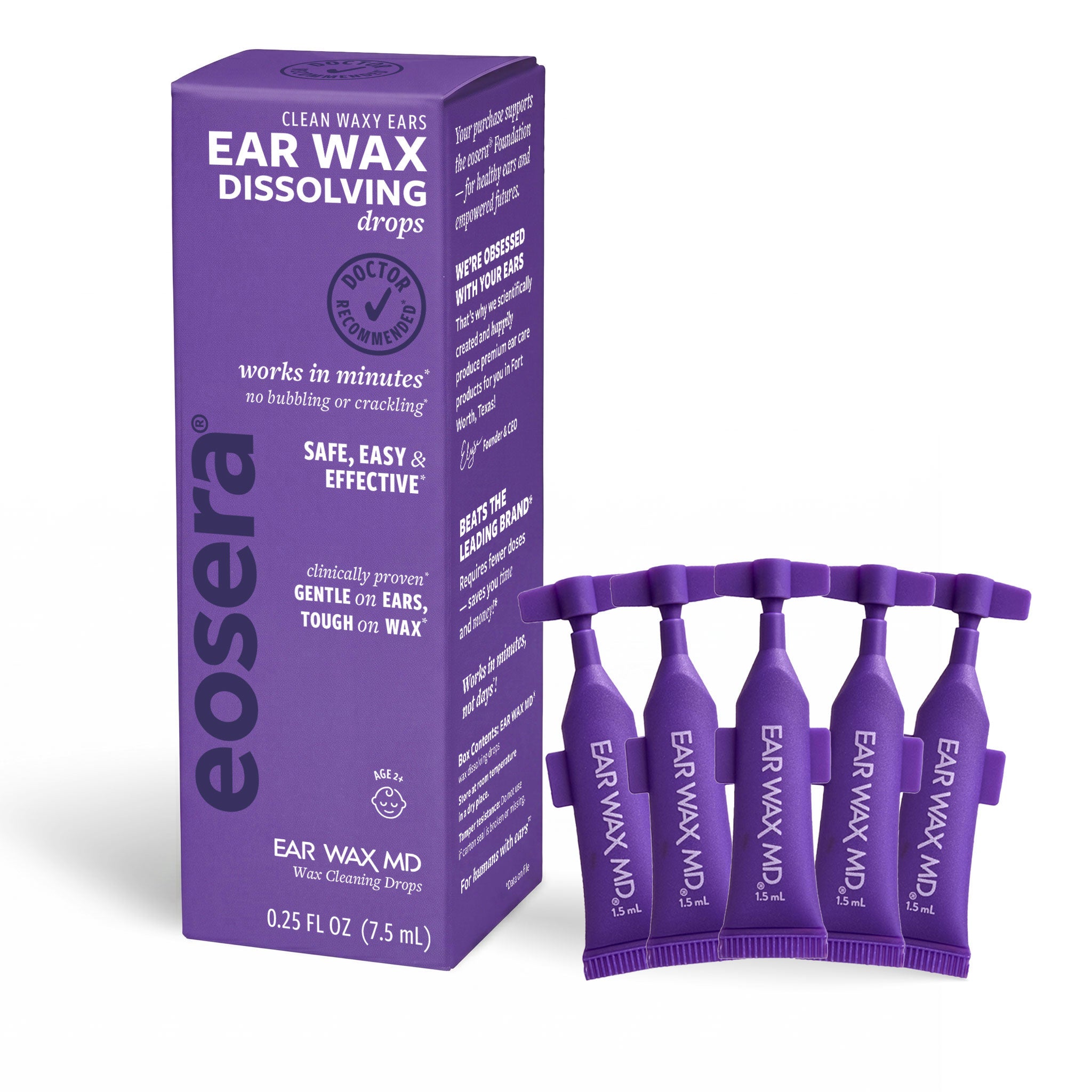 Purple packaging of ear wax dissolving drops with multiple bottles on a white background; 7.5 mL