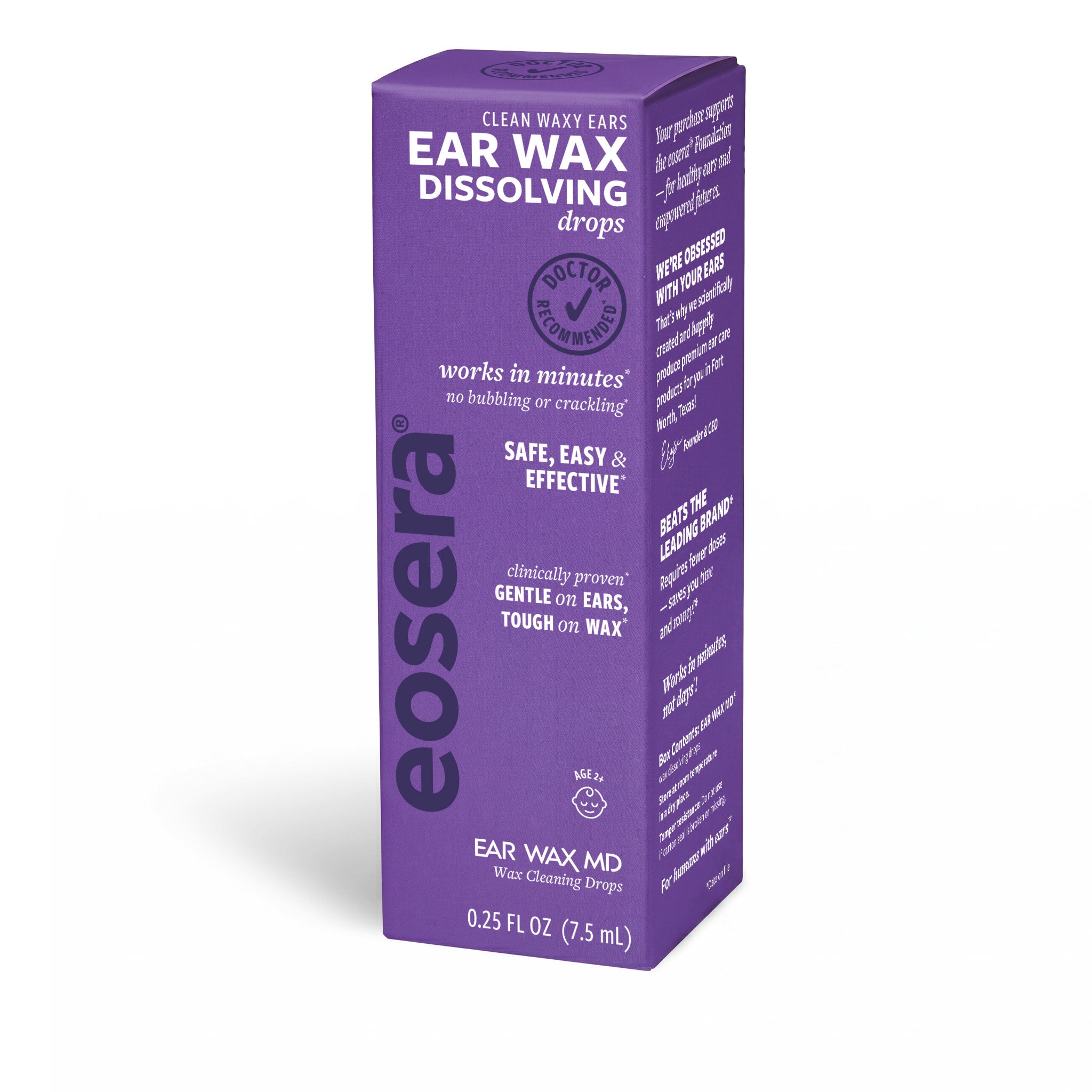 Purple box of eosera ear wax dissolving drops on a white background; 7.5 mL