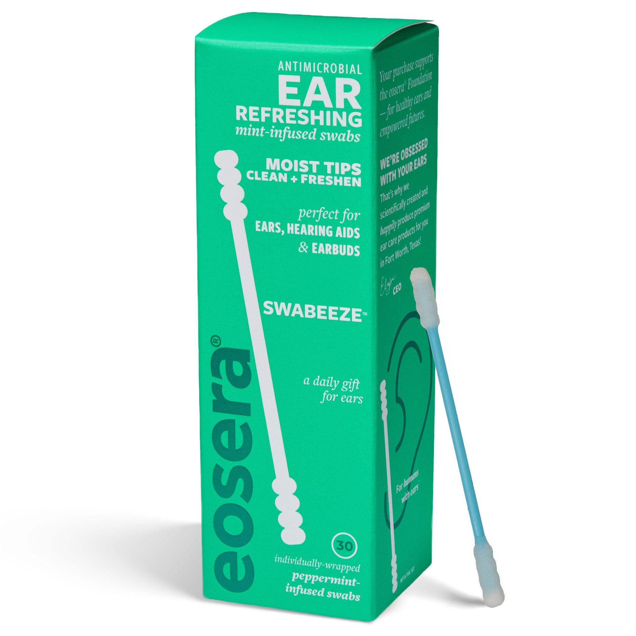 Eosera Swabeeze - Ear Refreshing Antimicrobial Mint-Infused Swabs, 30-ct