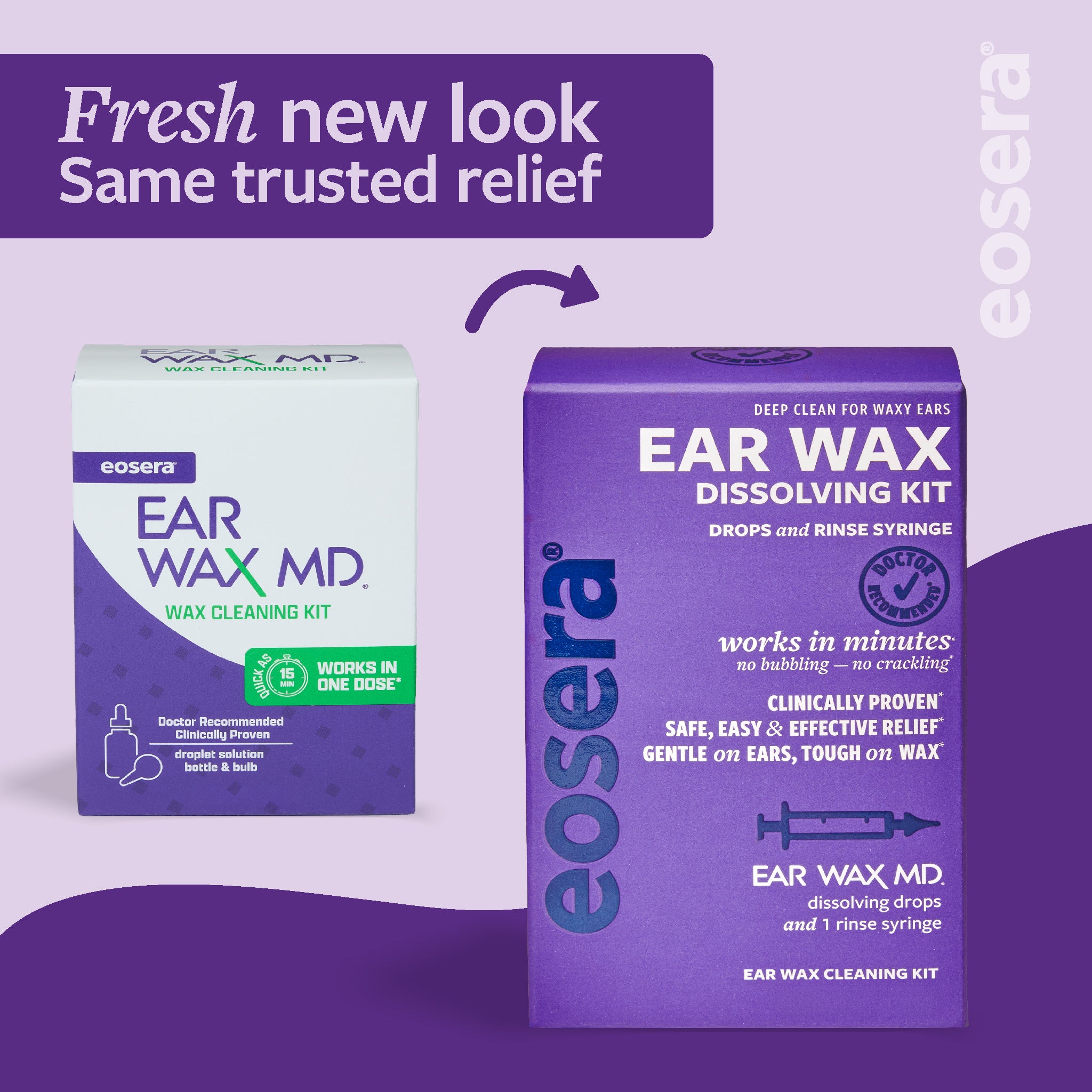 Eosera ear wax cleaning kit packaging on a purple background, fresh new look, same trusted relief; 7.5 mL