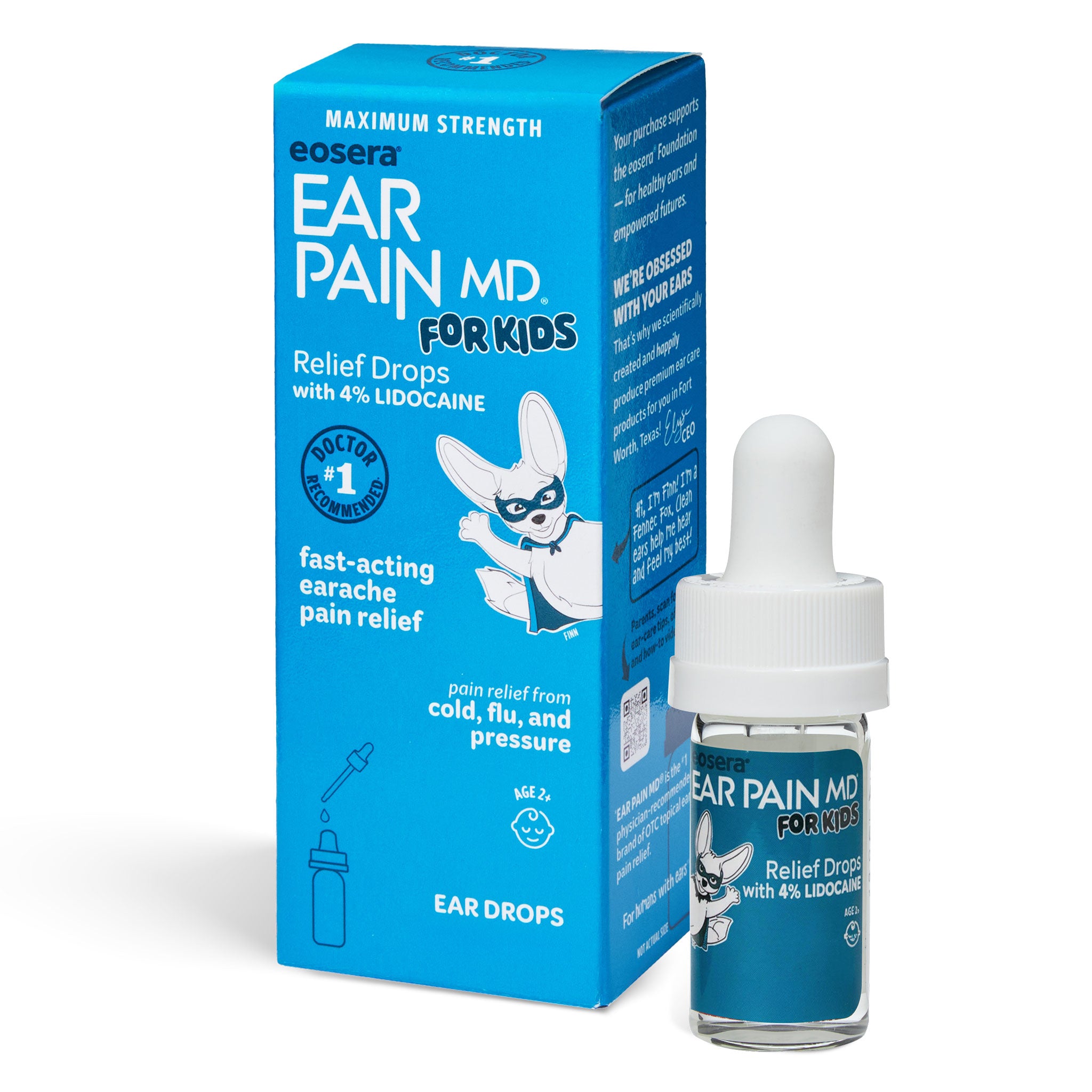 Eosera Ear Pain MD for Kids relief drops with blue packaging and dropper on a white background; 5 mL