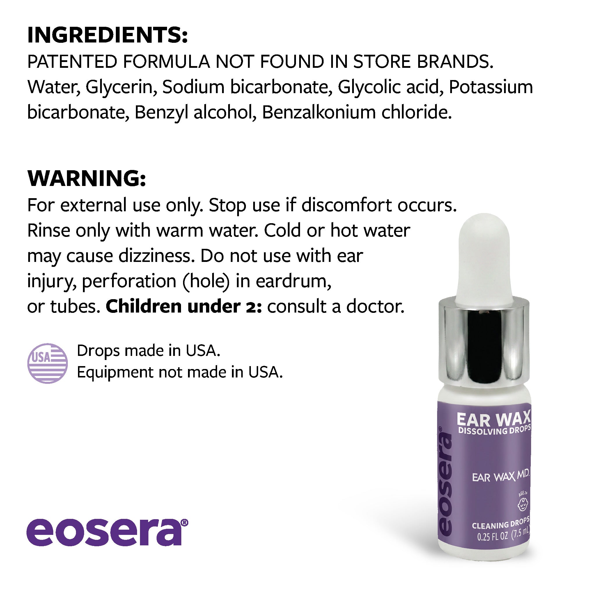 Eosera ear wax dissolving drops with ingredients and warning information on a white background; 15 mL