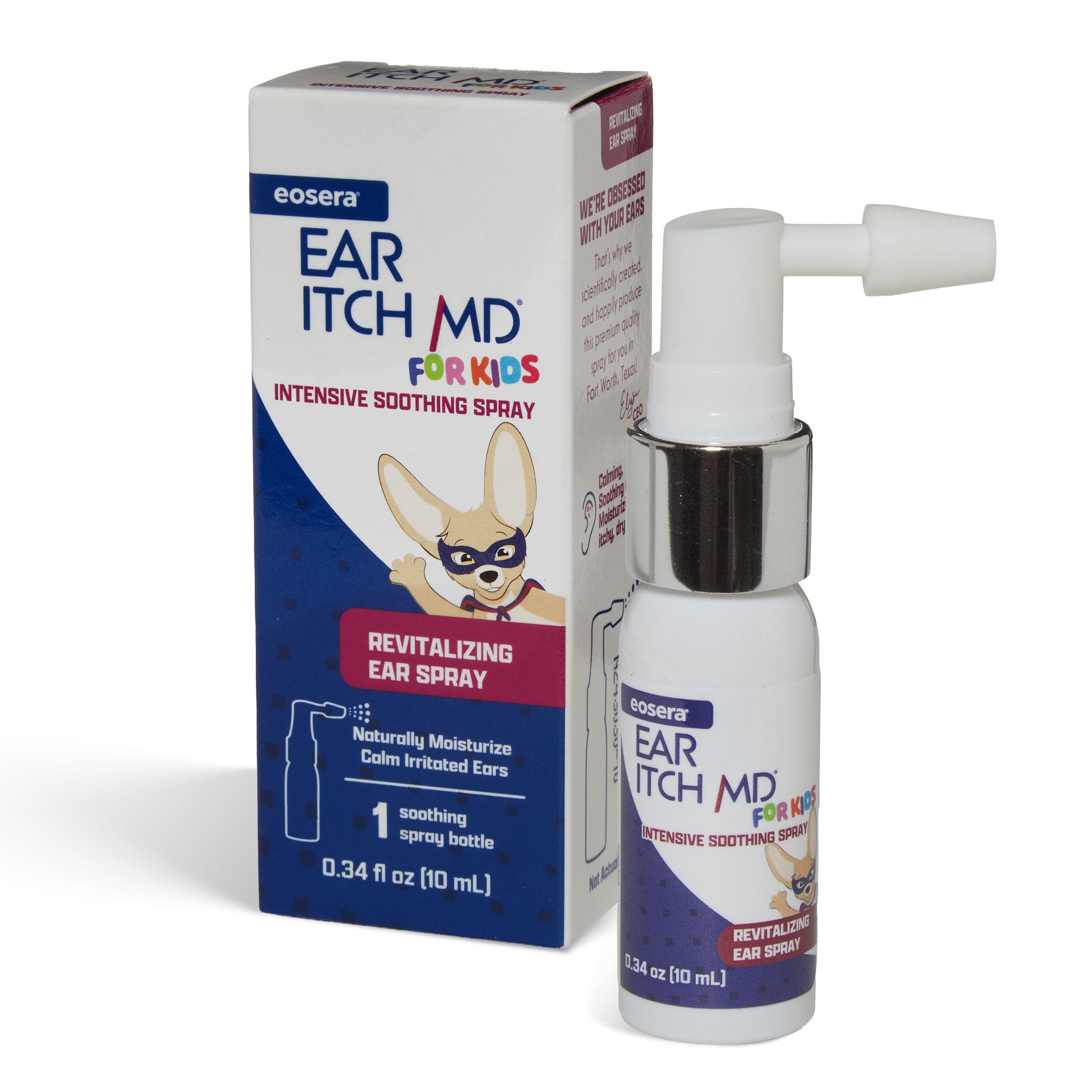Eosera Ear Itch MD for Kids spray bottle and packaging on a white background