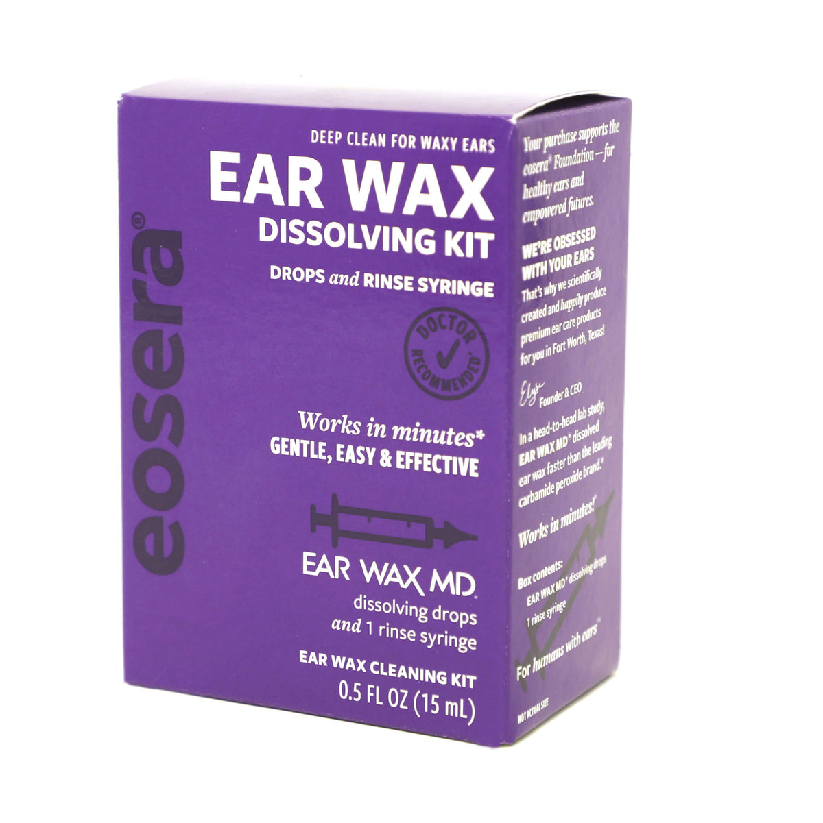 Purple box of eosera ear wax dissolving drops on a white background; 15 mL