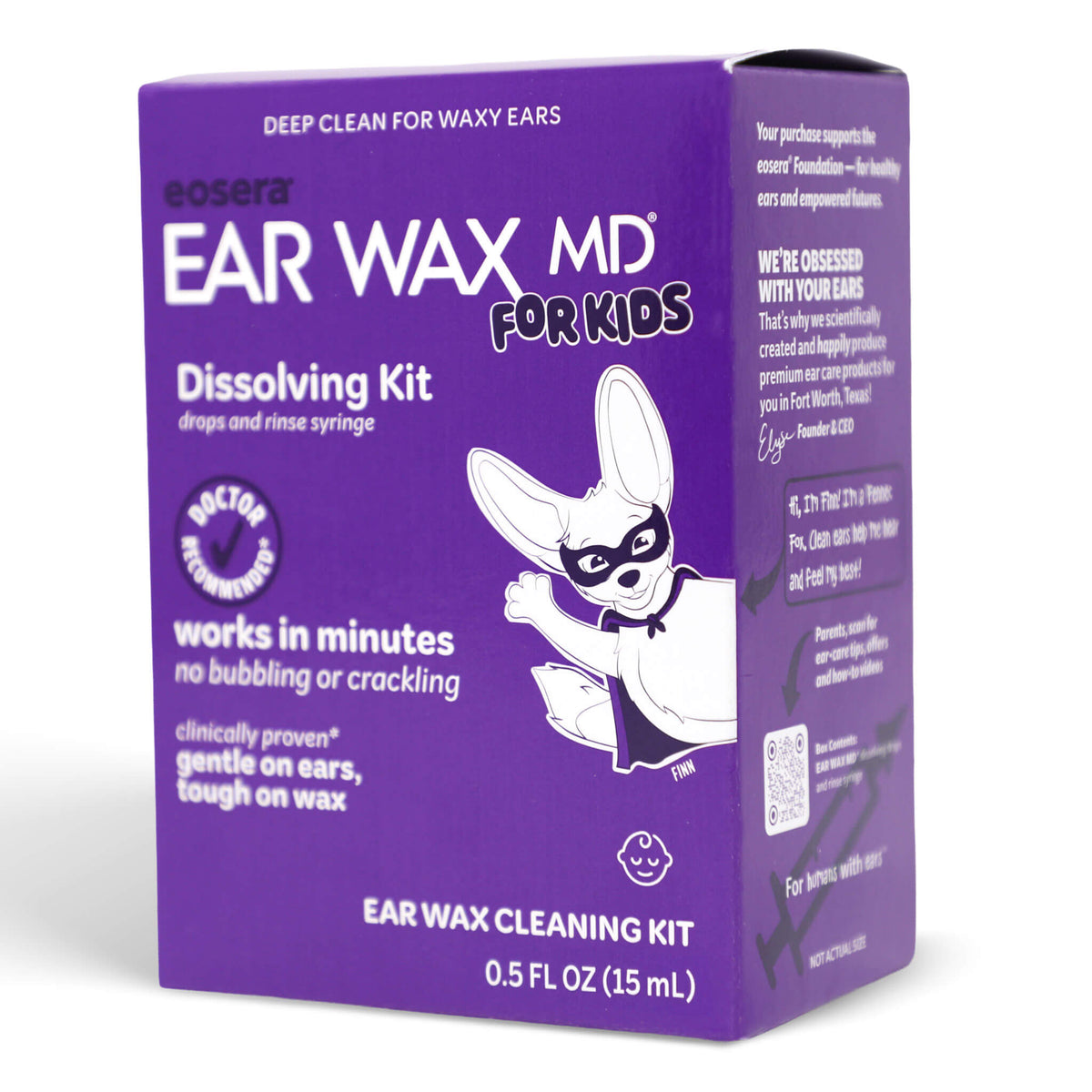 Purple packaging of Ear Wax MD for Kids ear wax cleaning kit on a white background; 15 mL