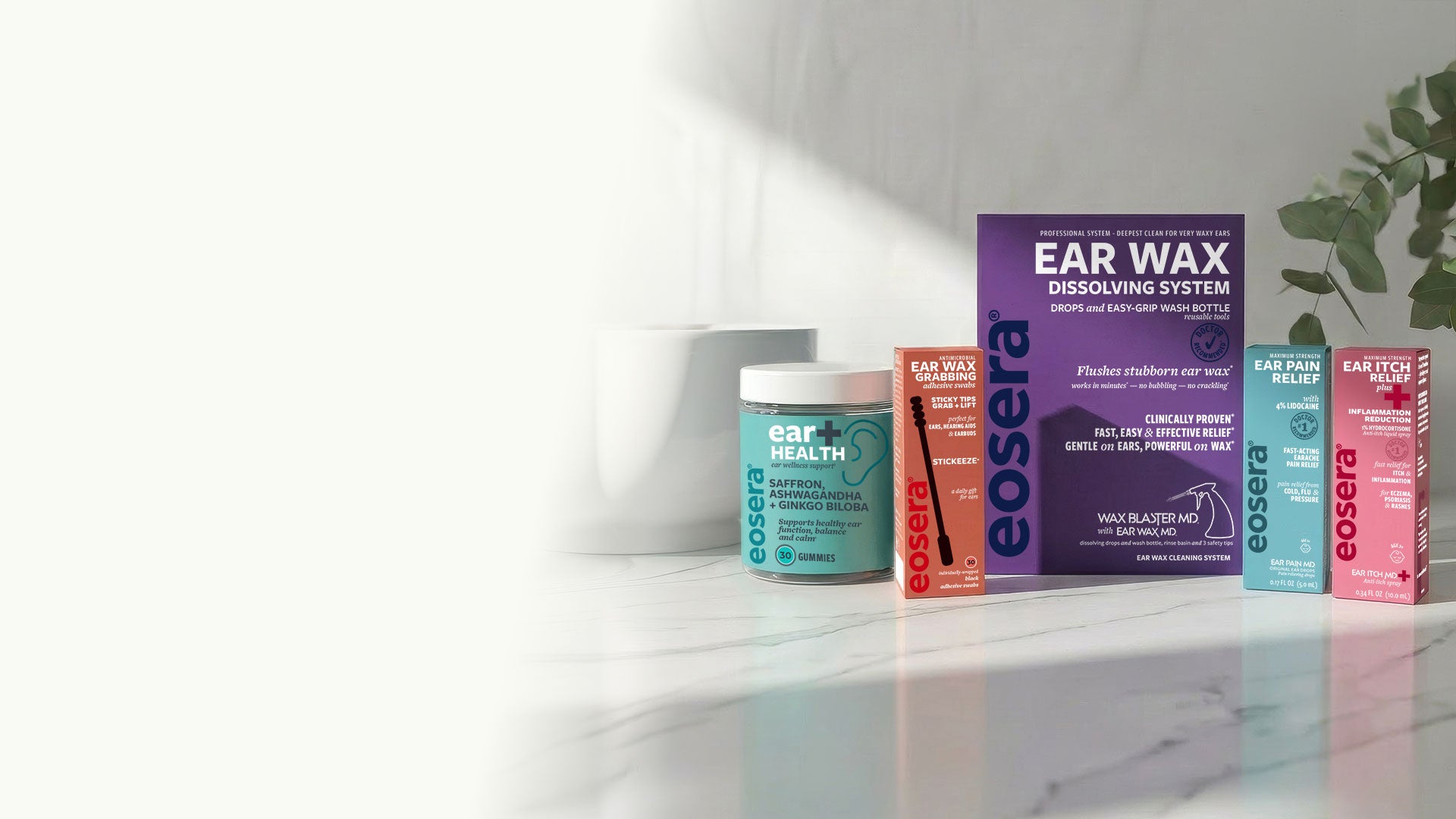 Eosera ear care products on a bathroom counter with a blurred background