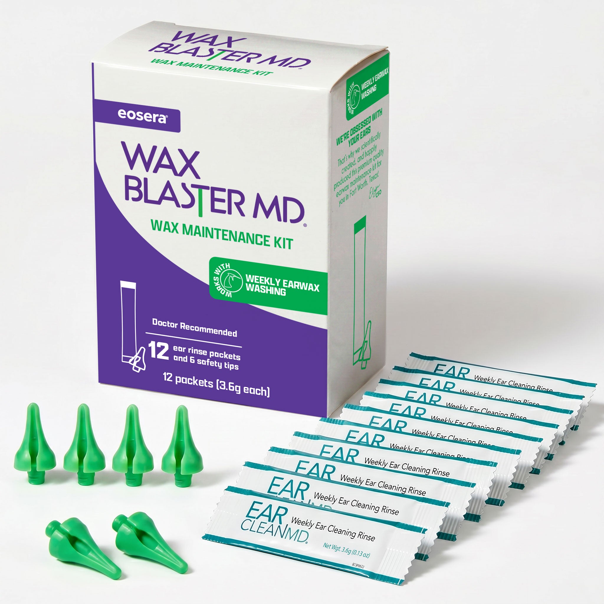 Wax Blaster MD wax maintenance kit with packaging, ear cleaning rinses, and nozzles on a white background