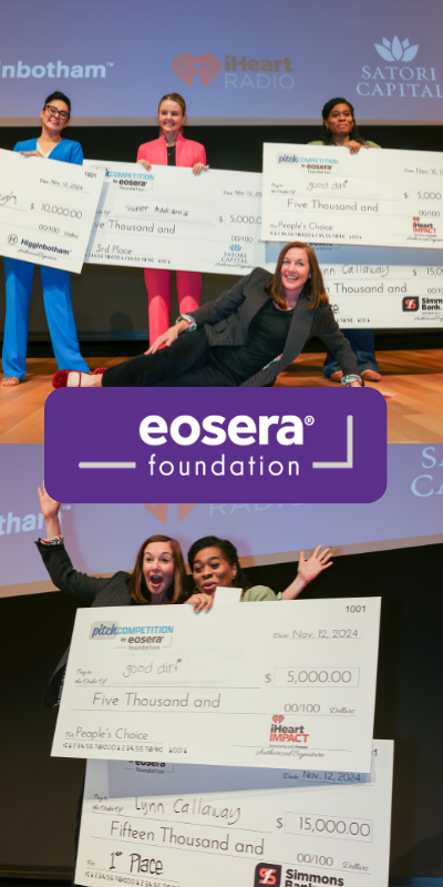 People holding large cheques with a logo for eosera foundation overlay.